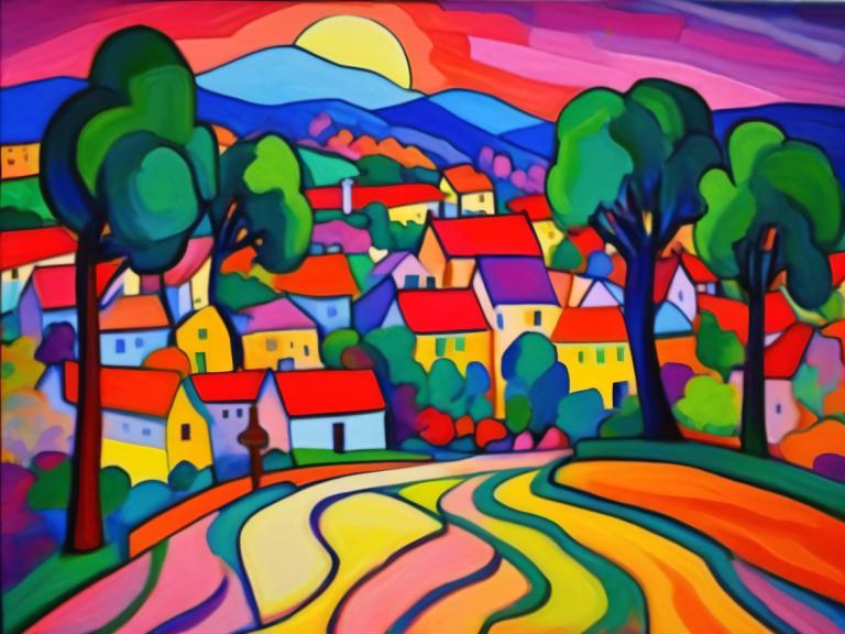 Fauvism,Fauvism, Village, village, tree, no humans, colorful, outdoors, mountain, sky, cloud, sun, scenery