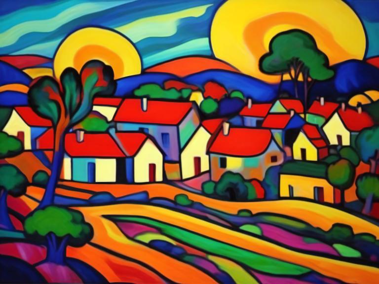 Fauvism,Fauvism, Village, village, no humans, tree, sky, cloud, outdoors, sun, building, pokemon (creature)