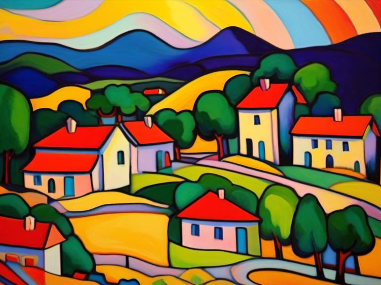 Fauvism,Fauvism, By, by, inga människor, träd, regnbåge, utomhus, hus, himmel, moln, byggnad, fjäll, landskap