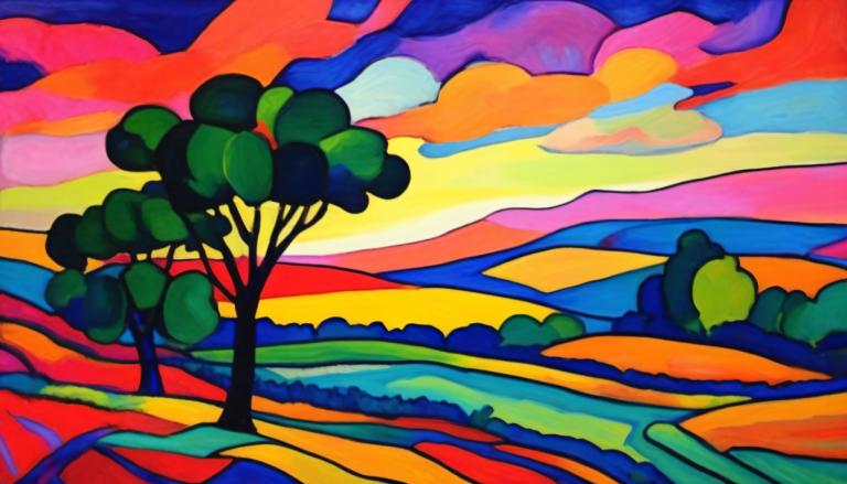 Fauvism,Fauvism, Nature, landscape, no humans, colorful, tree, cloud, outdoors, traditional media, rainbow