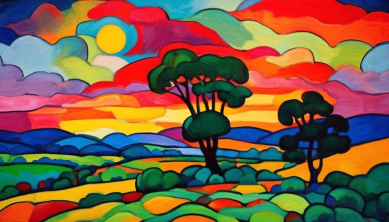 Fauvism,Fauvism, Nature, landscape, cloud, tree, traditional media, leaf, outdoors, painting (medium), sky