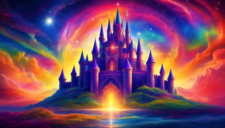 Light Painting,Light Painting, Castle, castle, no humans, scenery, sky, star (sky), castle, rainbow, cloud