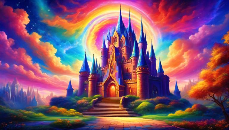 Light Painting,Light Painting, Castle, castle, no humans, scenery, tree, rainbow, sky, cloud, stairs, castle