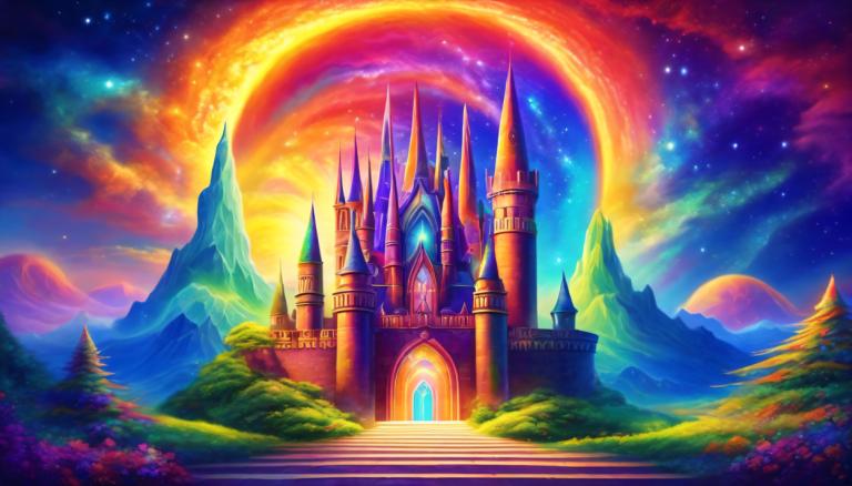 Light Painting,Light Painting, Castle, castle, no humans, scenery, sky, rainbow, star (sky), tree, mountain