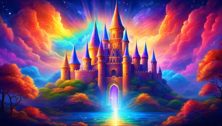 Light Painting,Light Painting, Castle, castle, scenery, no humans, tree, sky, cloud, star (sky), rainbow