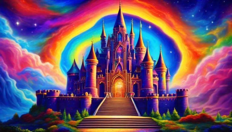 Light Painting,Light Painting, Castle, castle, no humans, scenery, stairs, sky, rainbow, cloud, star (sky)