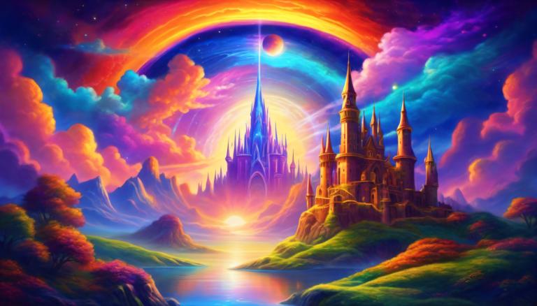 Light Painting,Light Painting, Castle, castle, scenery, no humans, rainbow, sky, cloud, castle, mountain