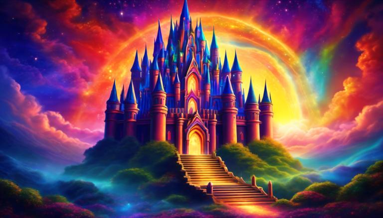 Light Painting,Light Painting, Castle, castle, scenery, no humans, stairs, sky, rainbow, cloud, castle