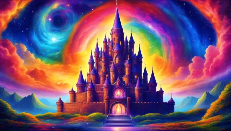 Light Painting,Light Painting, Castle, castle, no humans, scenery, sky, star (sky), castle, cloud, rainbow