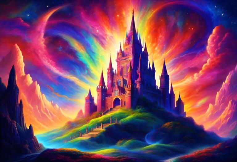 Light Painting,Light Painting, Castle, castle, scenery, no humans, castle, sky, star (sky), cloud, rainbow