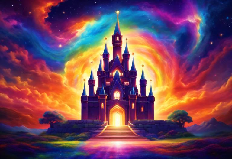 Light Painting,Light Painting, Castle, castle, no humans, scenery, sky, star (sky), stairs, cloud, rainbow