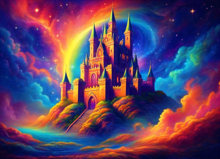 Light Painting,Light Painting, Castle, castle, scenery, no humans, cloud, sky, star (sky), rainbow