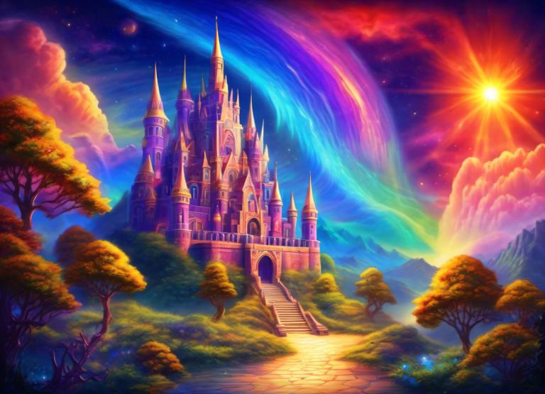 Light Painting,Light Painting, Castle, castle, tree, scenery, no humans, sky, cloud, castle, rainbow, sun