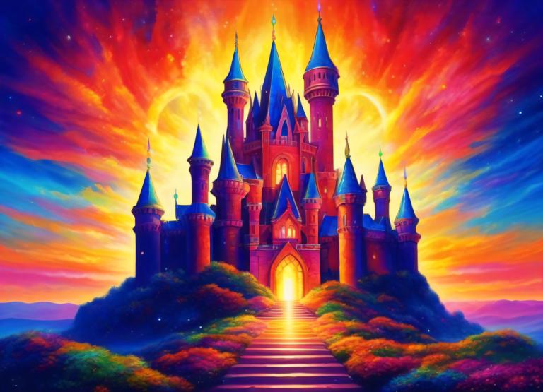 Light Painting,Light Painting, Castle, castle, scenery, no humans, sky, stairs, star (sky), castle, sunset