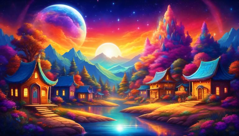 Light Painting,Light Painting, Village, village, scenery, no humans, tree, sky, star (sky), moon, mountain