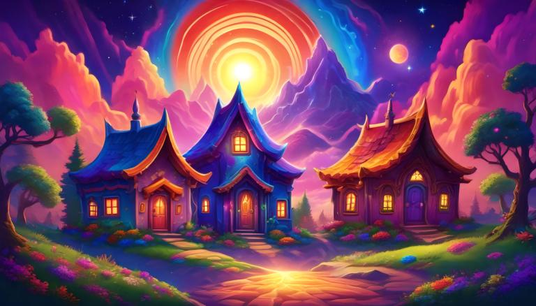 Light Painting,Light Painting, Village, village, no humans, tree, scenery, sky, moon, star (sky), house