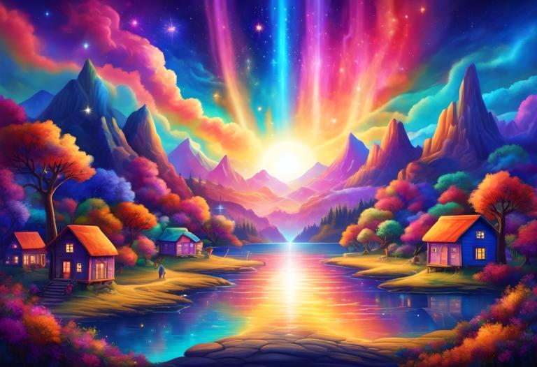 Pintura con luz,Pintura con luz, Aldea, aldea, árbol, escenario, cielo, cielo estrellado), montaña, nube