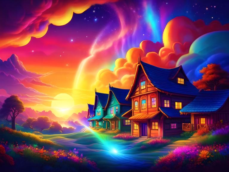 Light Painting,Light Painting, Village, village, no humans, scenery, sky, tree, star (sky), cloud, house