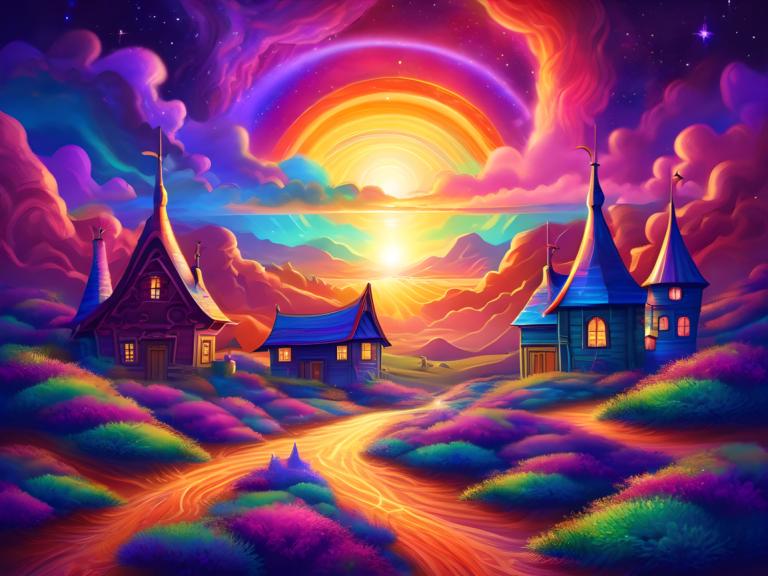 Light Painting,Light Painting, Village, village, no humans, scenery, cloud, sky, star (sky), rainbow, house