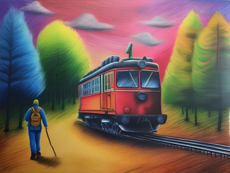 Crayon Drawing,Crayon Drawing, People, man, 1boy, ground vehicle, tree, backpack, bag, cloud, outdoors