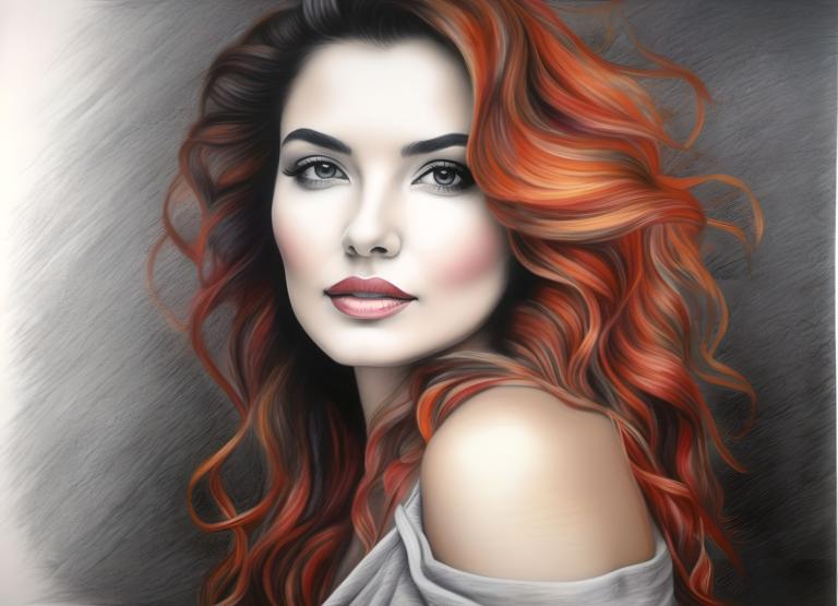 Crayon Drawing,Crayon Drawing, People, woman, 1girl, solo, red hair, multicolored hair, realistic, long hair