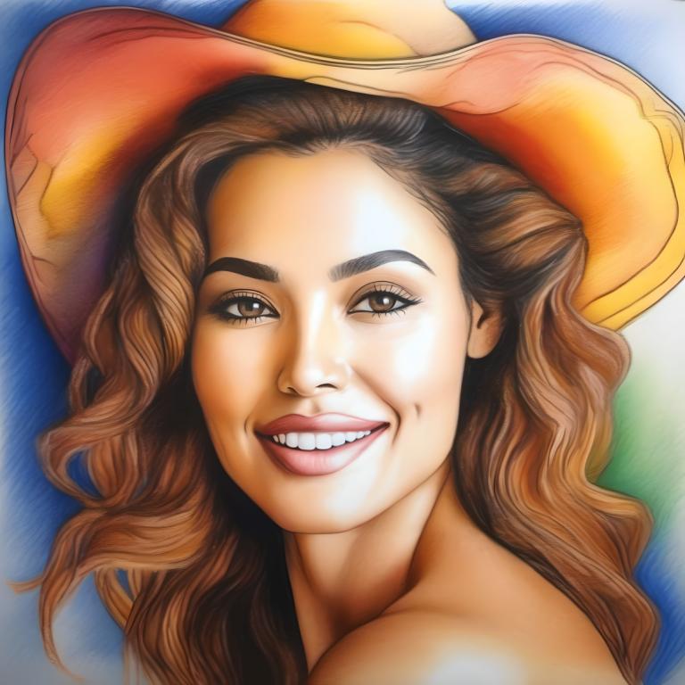 Crayon Drawing,Crayon Drawing, People, woman, solo, 1girl, brown hair, hat, brown eyes, smile, long hair