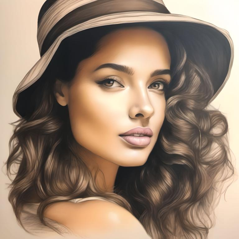 Crayon Drawing,Crayon Drawing, People, woman, 1girl, solo, hat, realistic, lips, long hair, brown hair