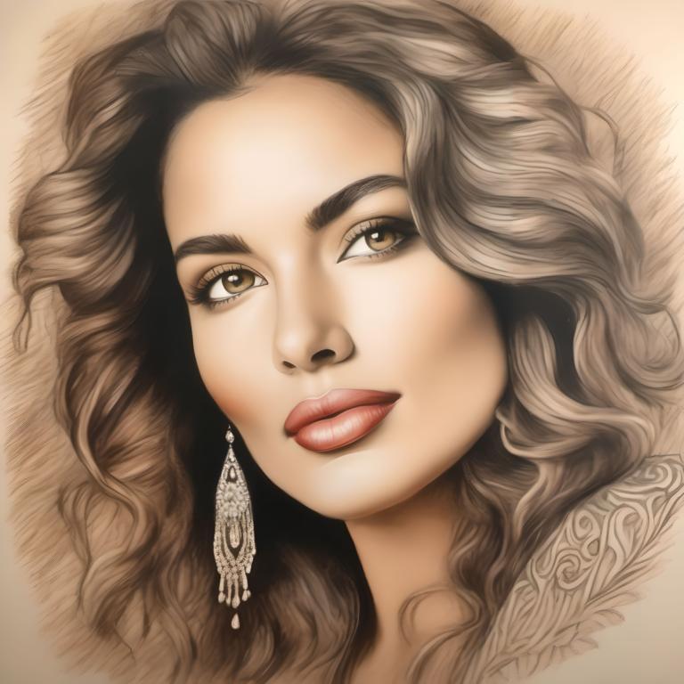 Crayon Drawing,Crayon Drawing, People, woman, 1girl, solo, jewelry, earrings, brown eyes, brown hair, lips