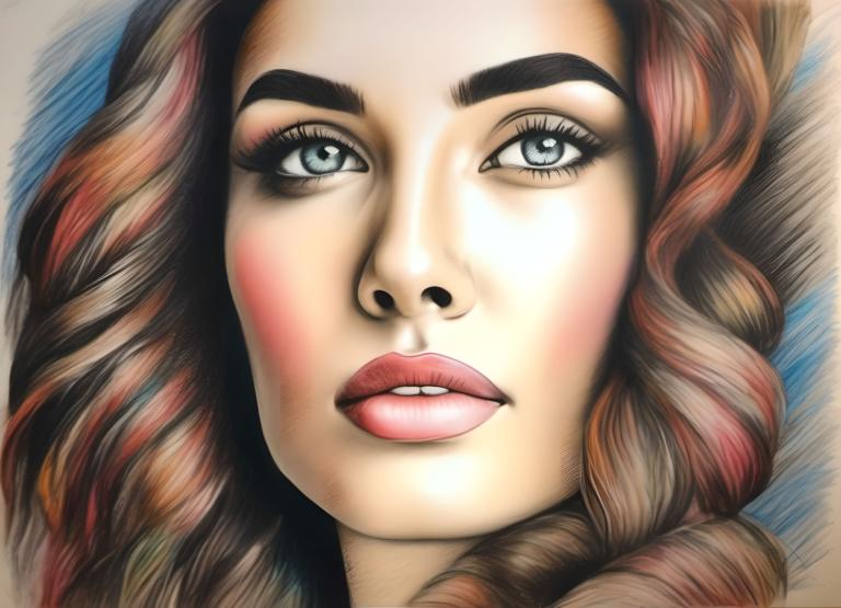 Crayon Drawing,Crayon Drawing, People, woman, 1girl, solo, brown hair, blue eyes, parted lips, lips, portrait