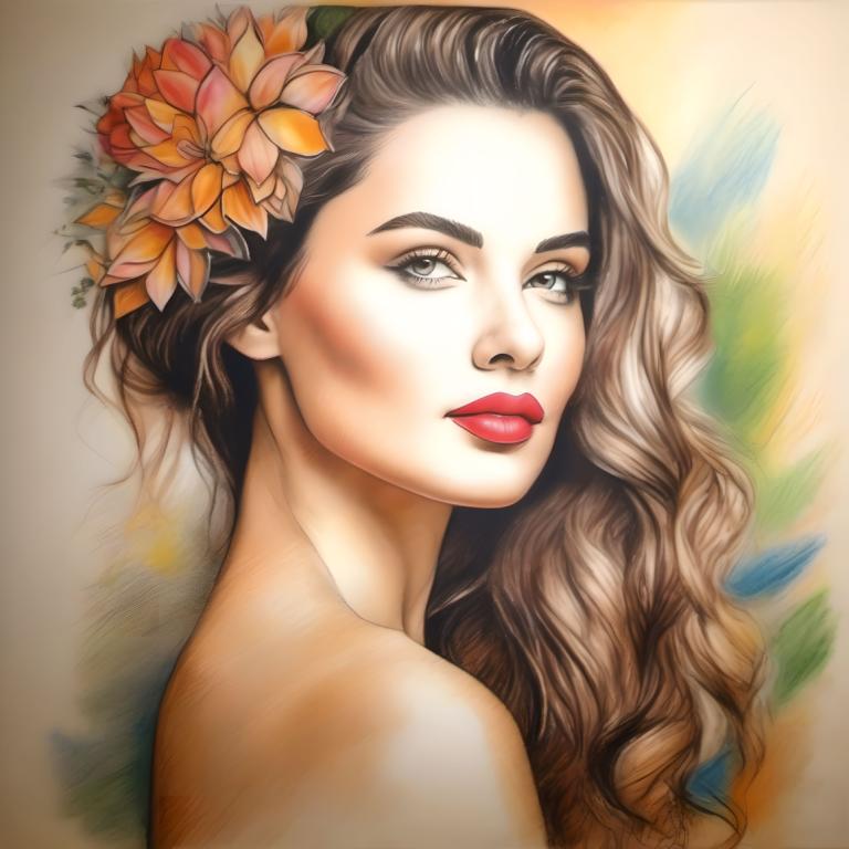 Dessin au crayon,Dessin au crayon, Personnes, femme, 1fille, solo, fleur, ornement de cheveux