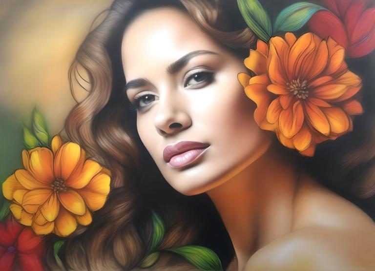 Dessin au crayon,Dessin au crayon, Personnes, femme, 1fille, solo, fleur, fleur de cheveux, cheveux bruns