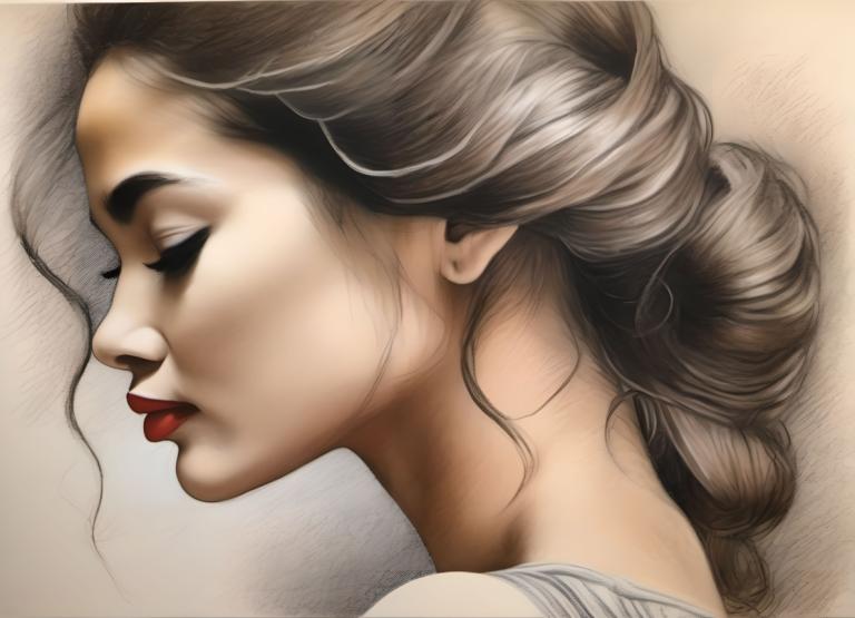 Crayon Drawing,Crayon Drawing, People, woman, 1girl, solo, closed eyes, profile, brown hair, braid, red lips