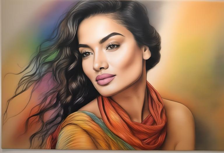 Crayon Drawing,Crayon Drawing, People, woman, 1girl, solo, black hair, long hair, brown eyes, lips, scarf