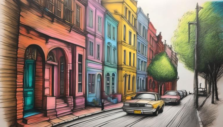 Crayon Drawing,Crayon Drawing, City, street, no humans, tree, road, car, motor vehicle, outdoors, lamppost