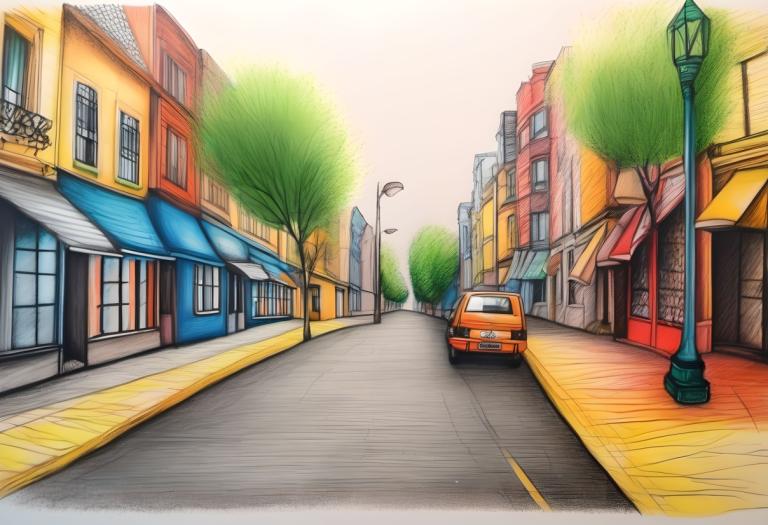 Crayon Drawing,Crayon Drawing, City, street, no humans, lamppost, road, tree, outdoors, motor vehicle