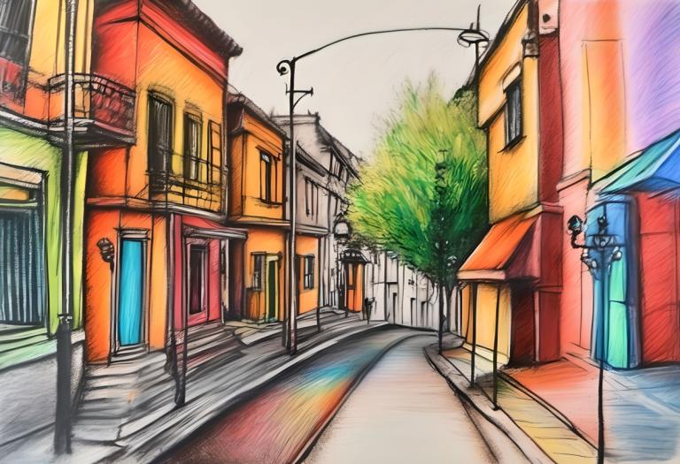 Crayon Drawing,Crayon Drawing, City, street, no humans, outdoors, road, scenery, traditional media, tree