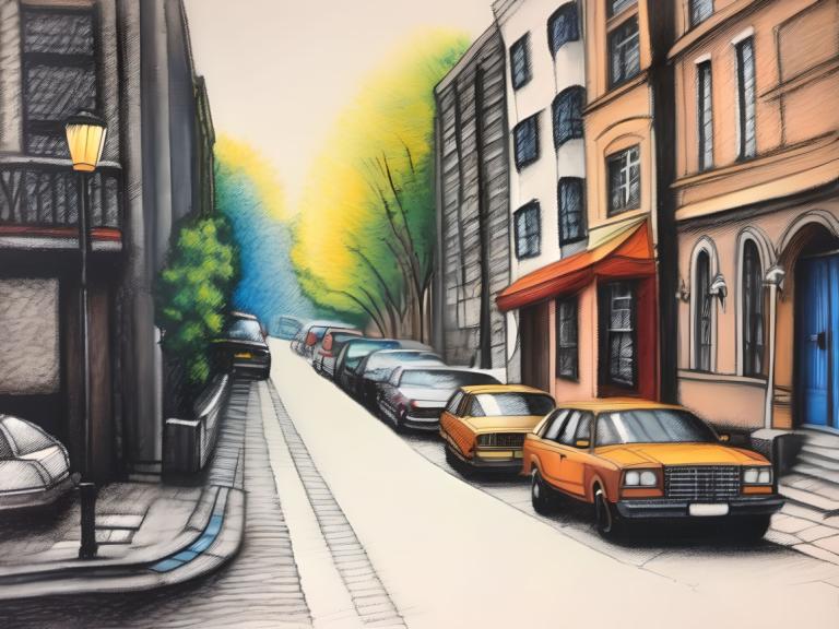 Crayon Drawing,Crayon Drawing, City, street, no humans, car, motor vehicle, ground vehicle, road, tree