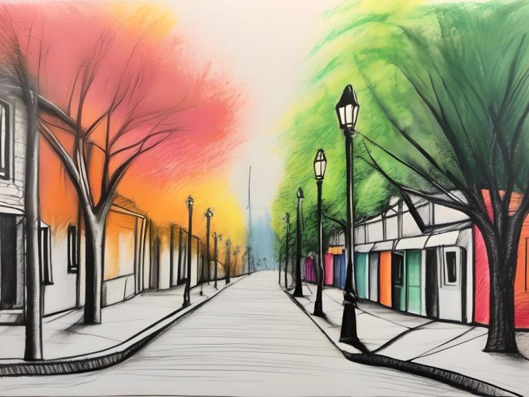 Crayon Drawing,Crayon Drawing, City, street, no humans, tree, lamppost, traditional media, outdoors, road