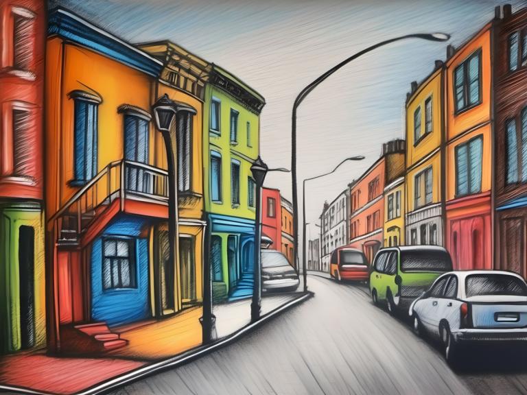 Crayon Drawing,Crayon Drawing, City, street, car, no humans, lamppost, motor vehicle, ground vehicle, road