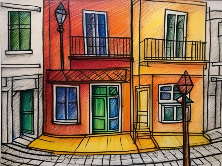 Crayon Drawing,Crayon Drawing, City, street, no humans, window, traditional media, door, lamppost, scenery