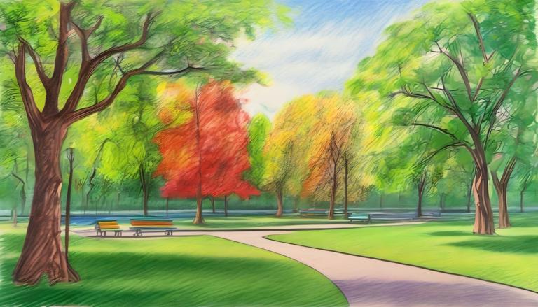 Crayon Drawing,Crayon Drawing, City, park, no humans, tree, outdoors, bench, scenery, sky, day, blue sky