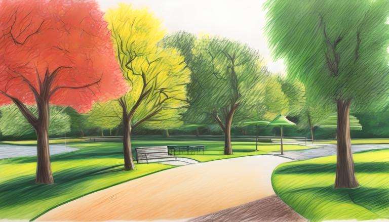 Crayon Drawing,Crayon Drawing, City, park, no humans, tree, outdoors, scenery, road, day, grass, park