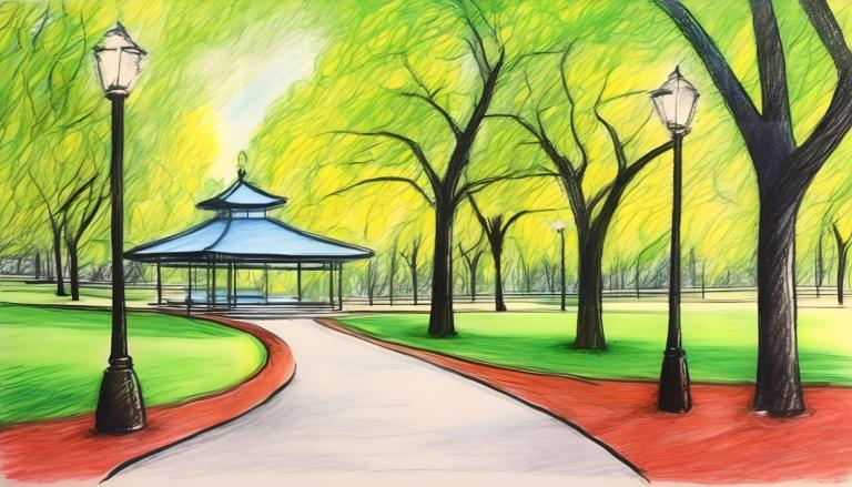 Crayon Drawing,Crayon Drawing, City, park, no humans, tree, traditional media, outdoors, lamppost, road