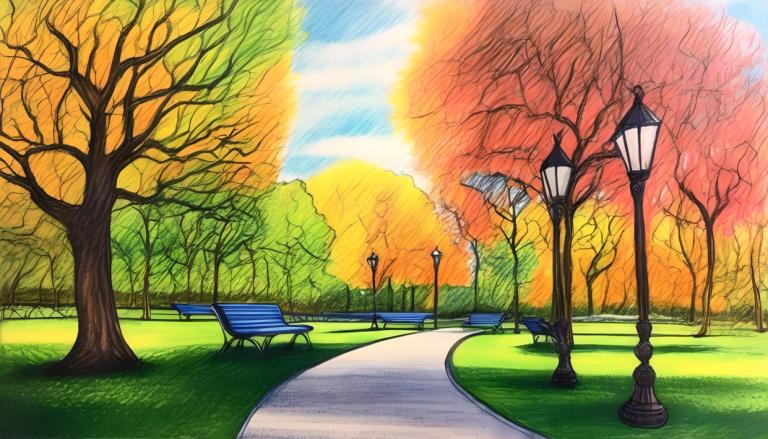 Crayon Drawing,Crayon Drawing, City, park, no humans, tree, lamppost, outdoors, bench, park, scenery, sky