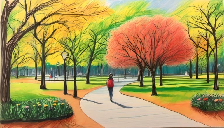 Crayon Drawing,Crayon Drawing, City, park, tree, road, outdoors, solo, grass, flower, scenery, 1girl, path