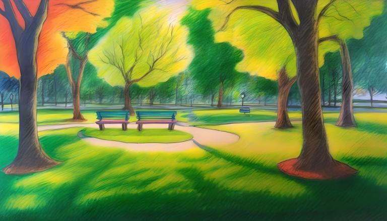 Crayon Drawing,Crayon Drawing, City, park, tree, bench, outdoors, park, scenery, grass, no humans, sunset