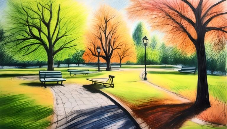 Crayon Drawing,Crayon Drawing, City, park, tree, no humans, park, road, outdoors, scenery, lamppost, bench