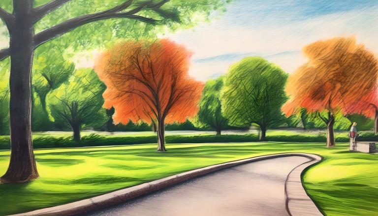 Crayon Drawing,Crayon Drawing, City, park, tree, outdoors, scenery, sky, road, 1girl, day, grass, blue sky