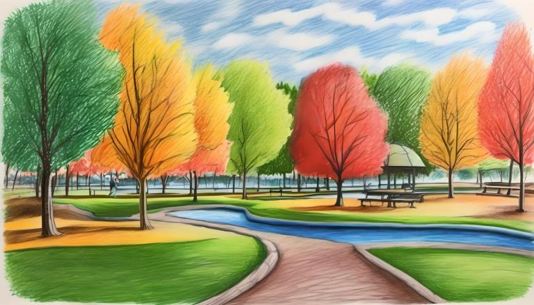 Crayon Drawing,Crayon Drawing, City, park, no humans, tree, sky, outdoors, cloud, day, blue sky, fence