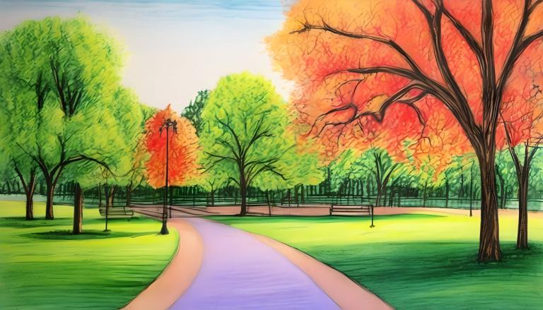 Crayon Drawing,Crayon Drawing, City, park, tree, no humans, outdoors, scenery, sky, road, autumn, day